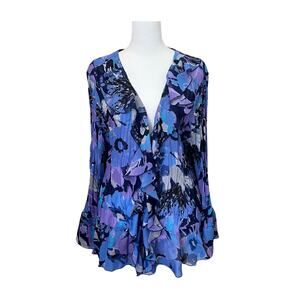 Vtg 90s Ruffled Floral Top XXL Blue Purple Flare Sleeve Fairy Whimsical Romantic